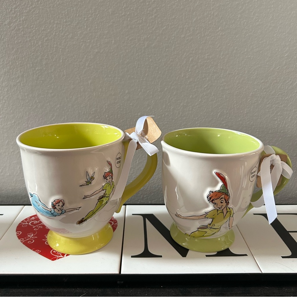 Rae Dunn Disney PETER PAN And NEVER GROW UP Double Sided Footed Mug Set NEW